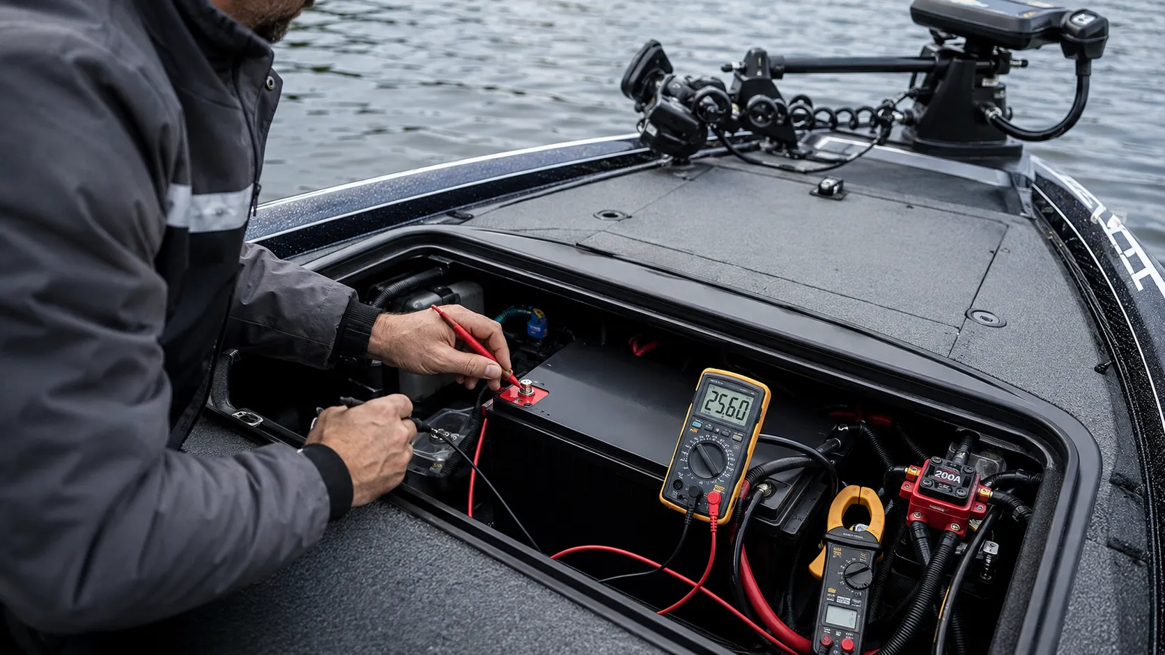 Marine LiFePO4 battery system diagnostic testing with trolling motor, circuit protection and electrical measurements