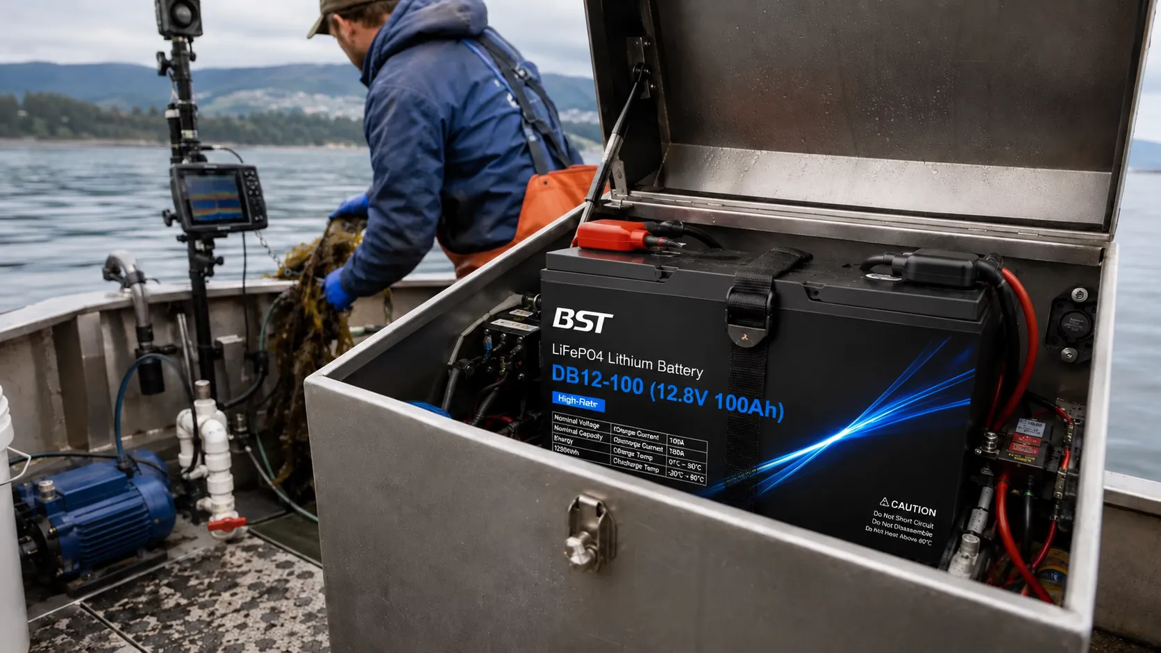 Marine LiFePO4 battery installed as a lead-acid replacement in a boat electrical compartment