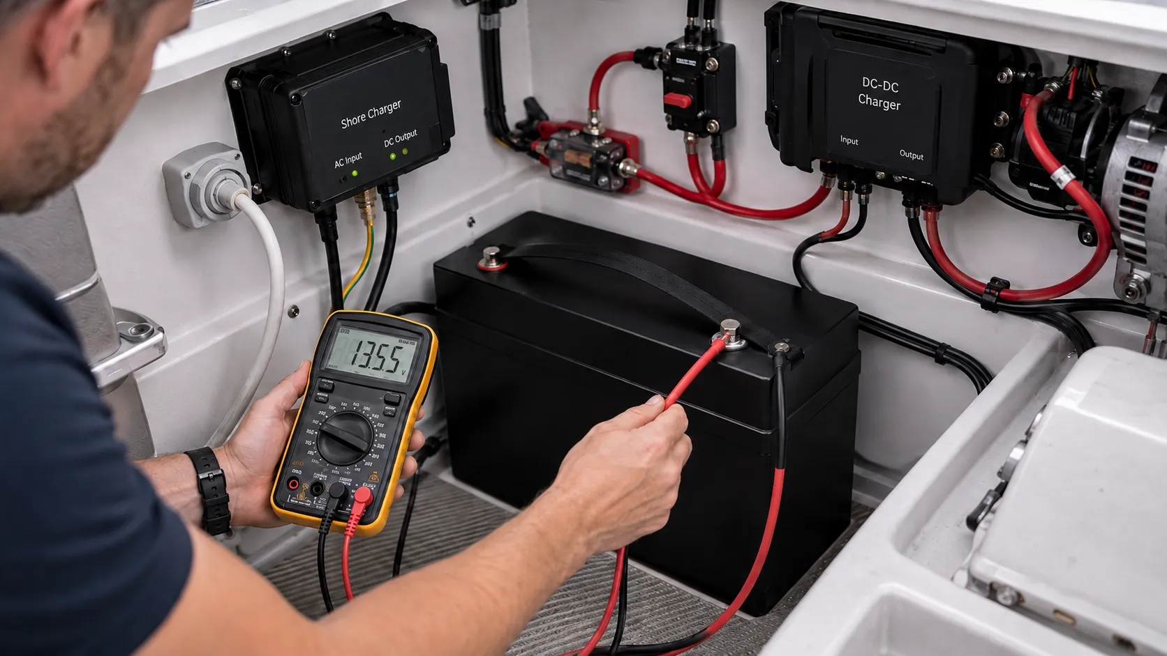 Marine lithium battery not charging troubleshooting with multimeter checking shore charger DC-DC charger alternator wiring and battery terminals
