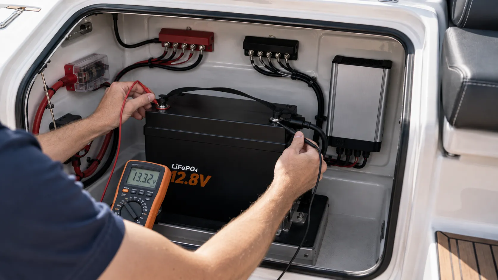 Marine lithium battery troubleshooting with multimeter testing LiFePO4 battery terminals in a yacht electrical system