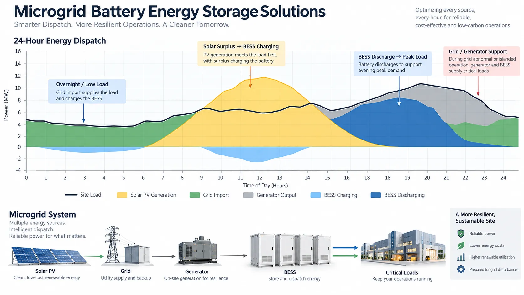 Microgrid BESS 24 hour energy flow curve showing site load, solar PV generation, grid import, generator output, battery charging and BESS discharging