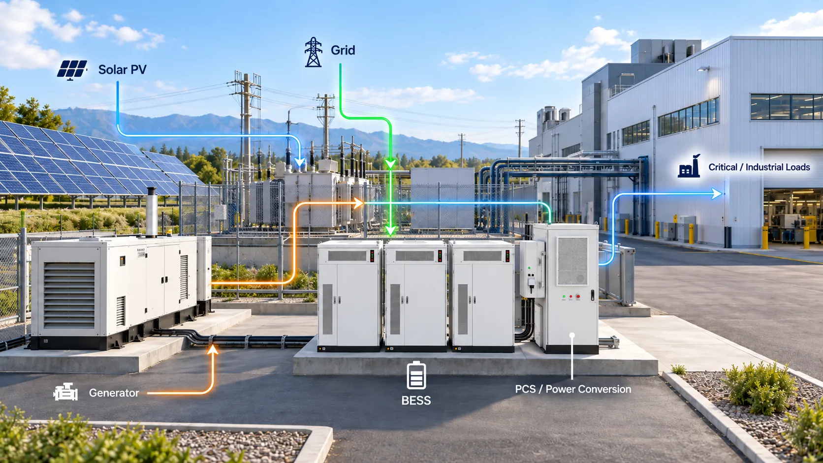Microgrid BESS energy storage solution with solar PV, utility grid, generator, PCS, battery storage and industrial critical loads