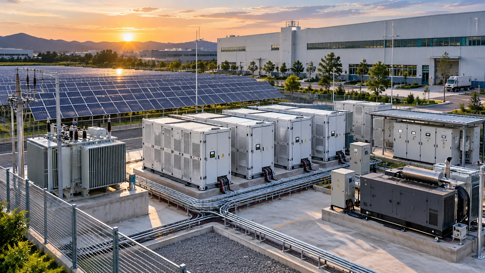 Industrial microgrid BESS engineering application with solar PV, generator, outdoor battery cabinets, transformer, switchgear, cable trays and electrical distribution system