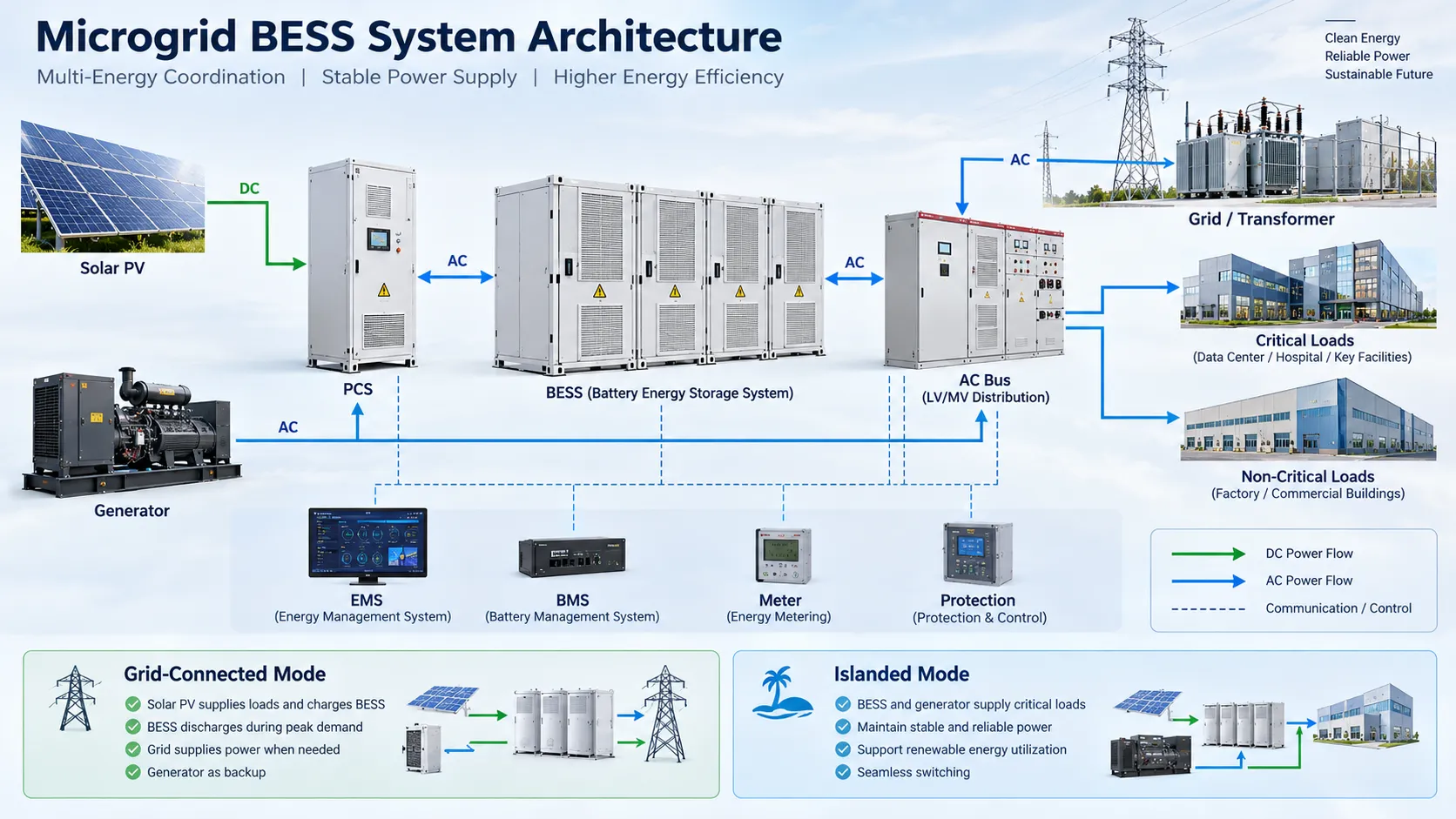 Microgrid BESS system architecture with solar PV, PCS, battery storage, AC bus, grid transformer, generator, EMS, BMS, meter, protection and critical loads