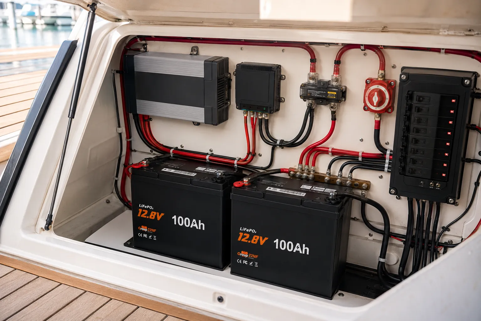 Marine LiFePO4 battery connected to yacht inverter and charging equipment