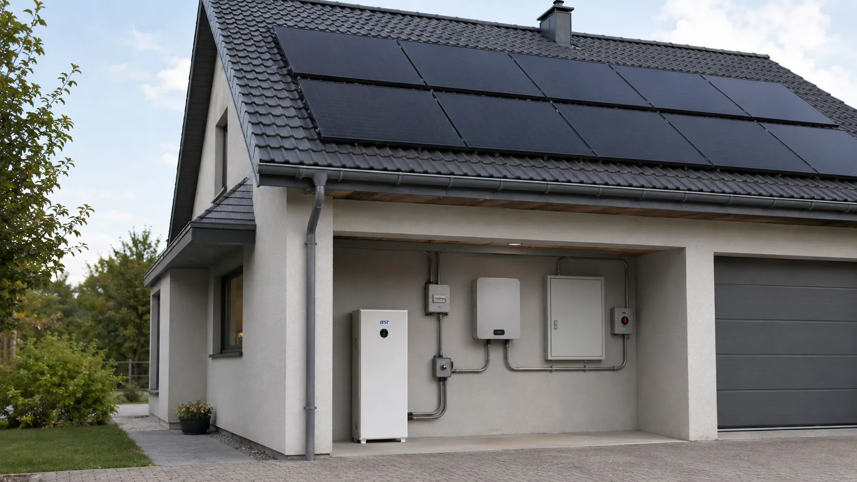Rooftop solar panels connected to a hybrid inverter and LiFePO4 home battery