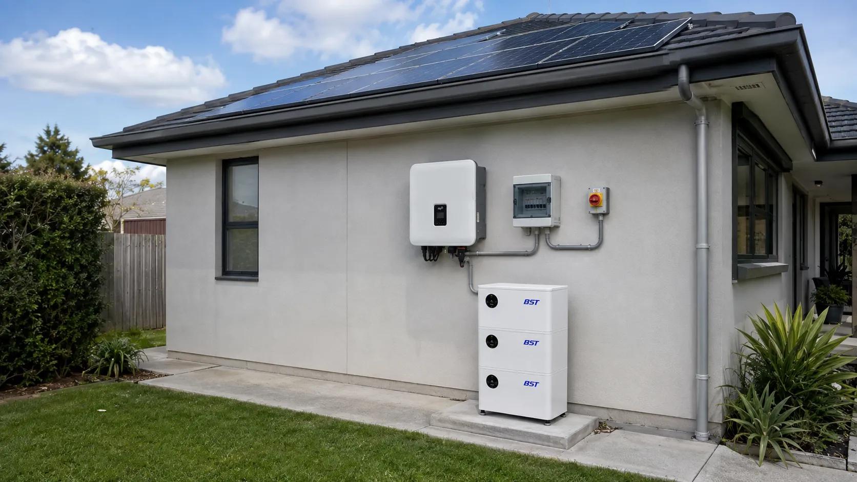 Off-grid home solar system with rooftop panels, hybrid inverter and LiFePO4 battery storage
