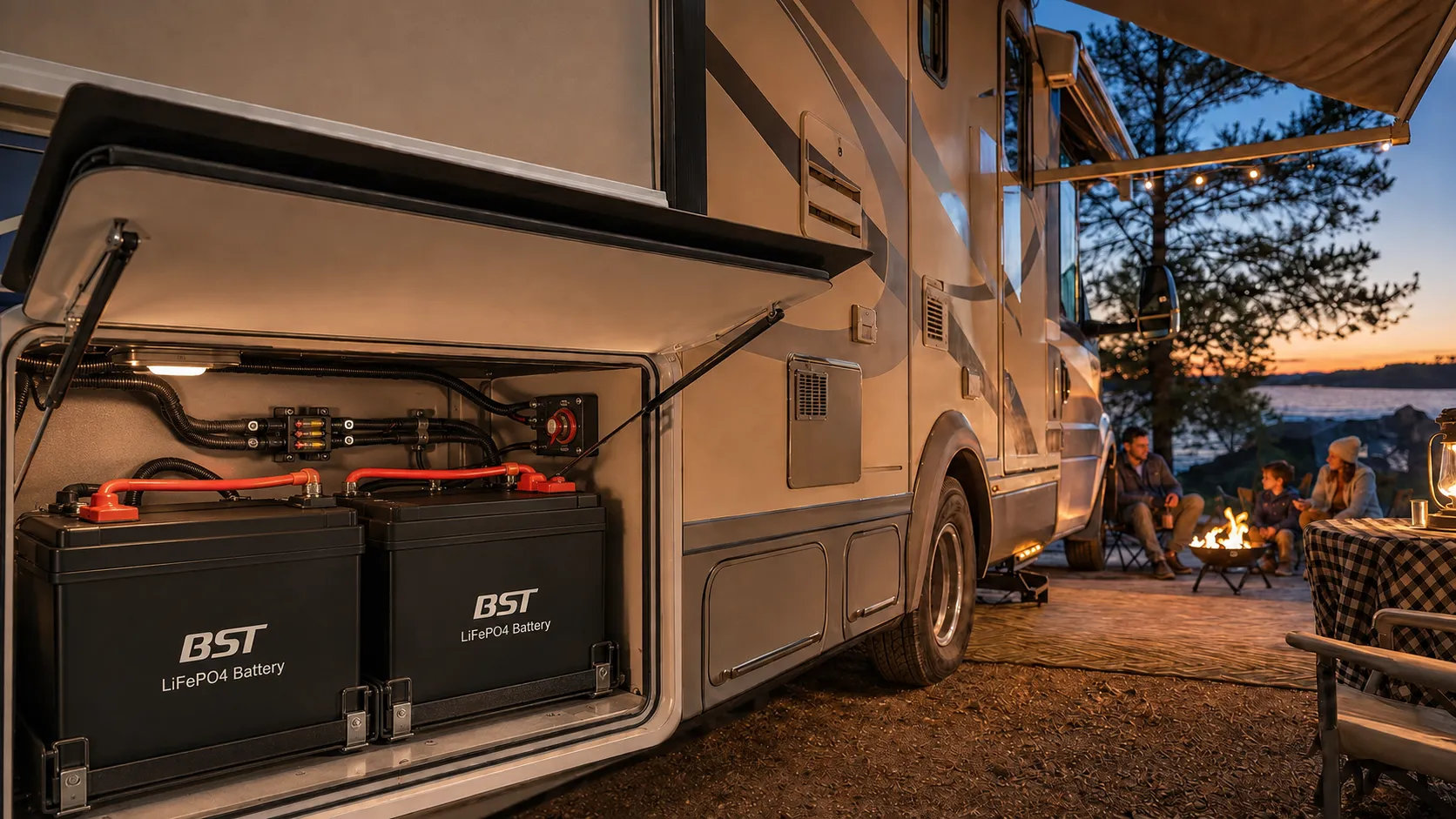 RV LiFePO4 battery system with inverter solar charging and circuit protection