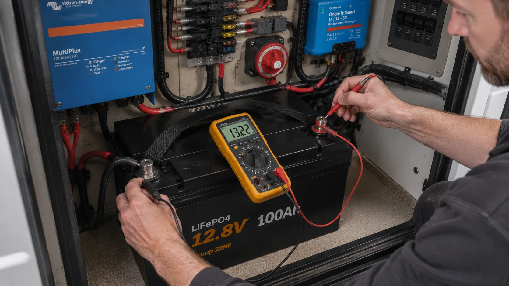 RV lithium battery not charging troubleshooting with multimeter testing battery terminals, shore power converter and DC-DC charger