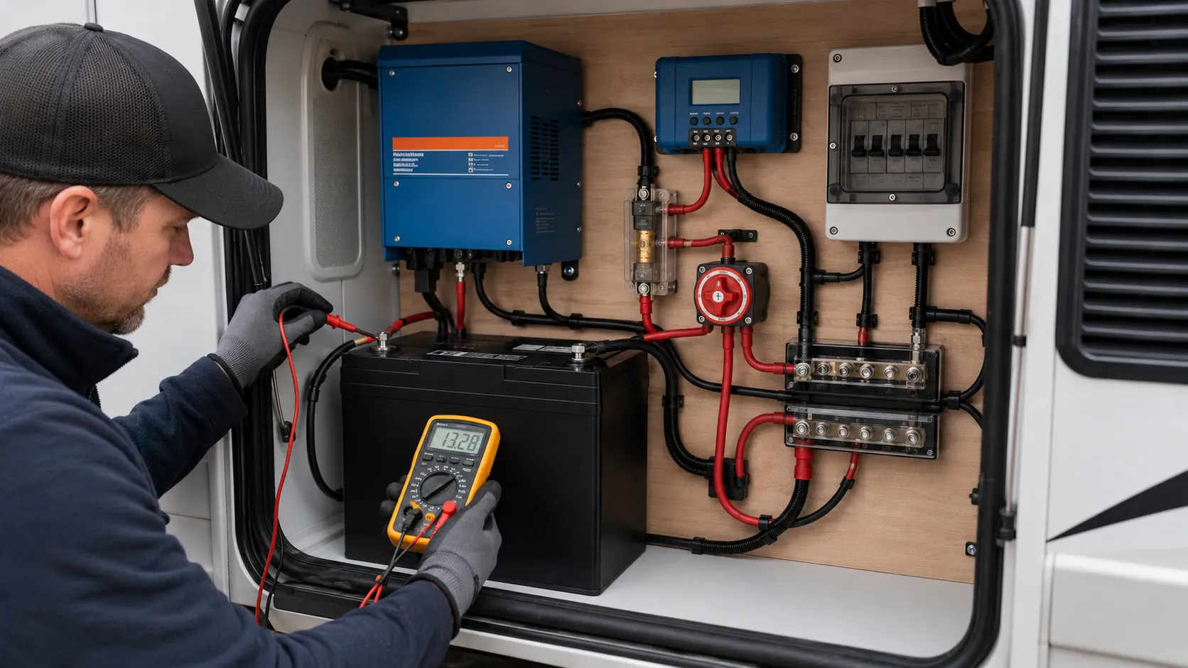 RV lithium battery troubleshooting with multimeter testing LiFePO4 battery terminals and charging system