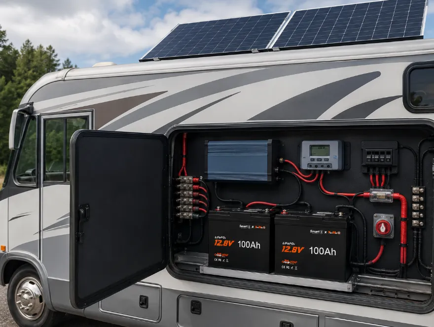 Camper van solar power system with LiFePO4 house battery and inverter