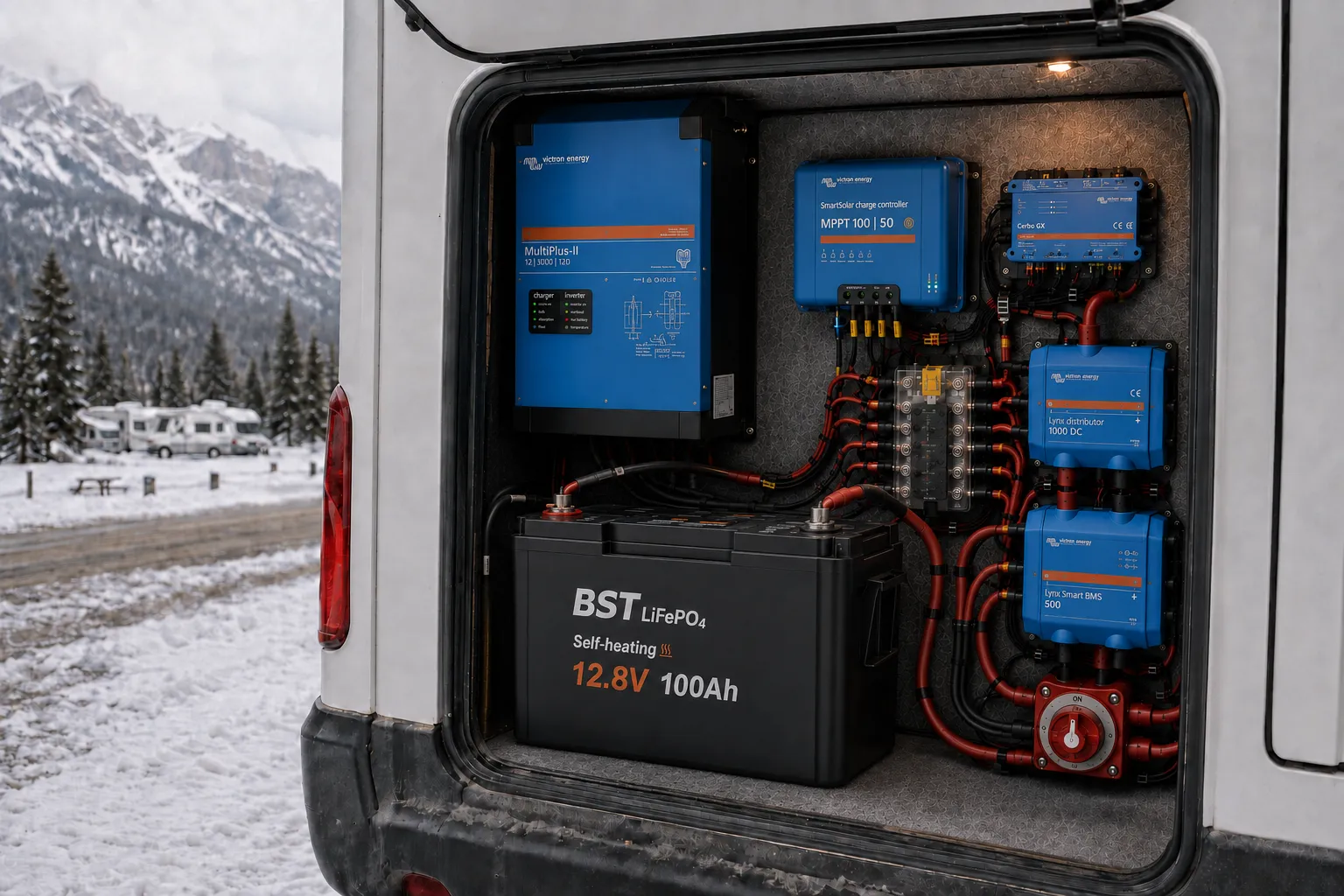 Self-heating RV LiFePO4 battery system for cold-weather motorhome operation