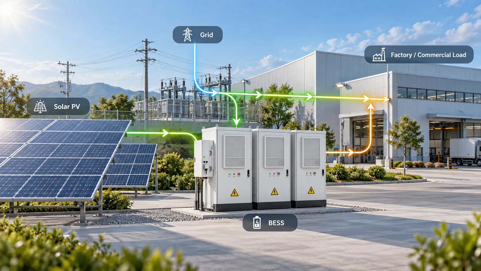 Solar BESS commercial and industrial energy storage solution with solar PV utility grid battery storage and factory load