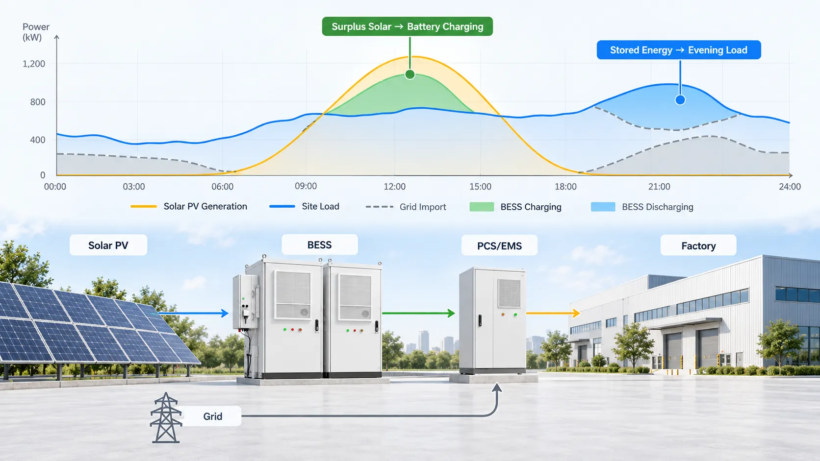 Solar BESS energy flow diagram showing PV generation battery charging BESS discharge grid import and industrial site load