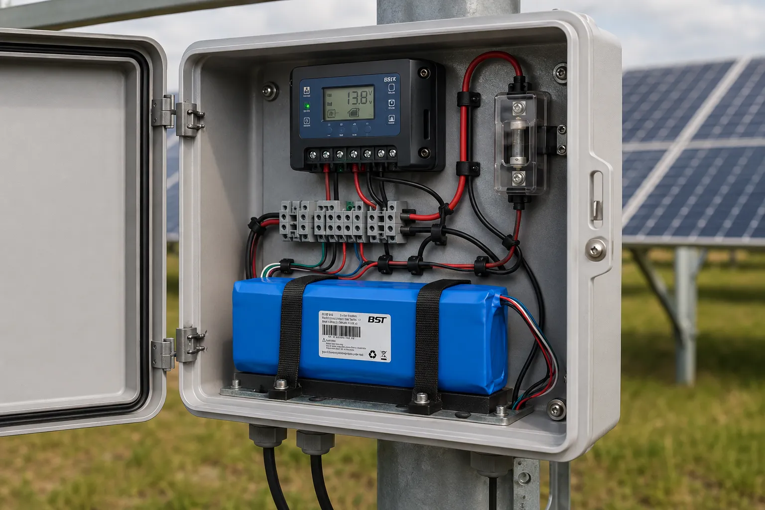 Solar tracker LiFePO4 battery and controller installed inside an outdoor control cabinet