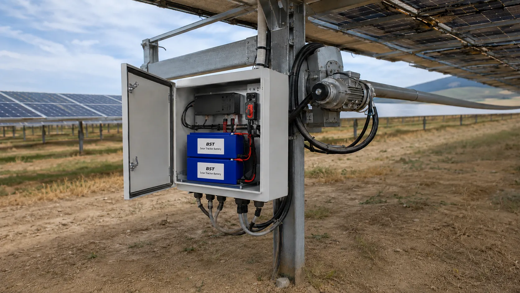LiFePO4 battery and controller integrated with a solar tracker system