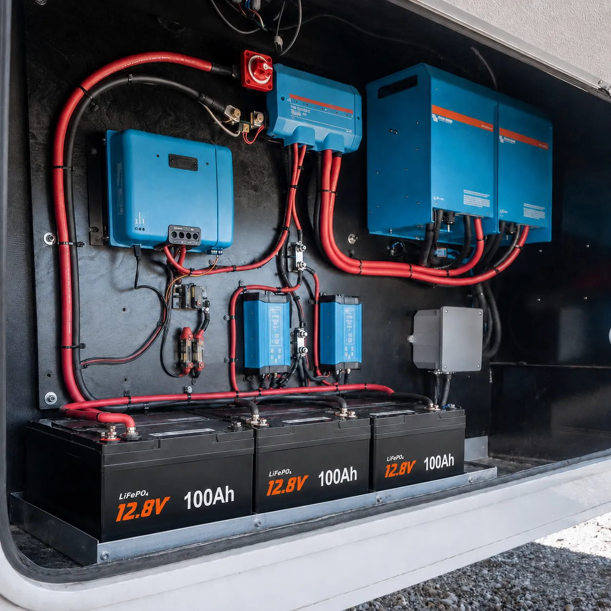 Three 12V 100Ah LiFePO4 batteries for a camper van