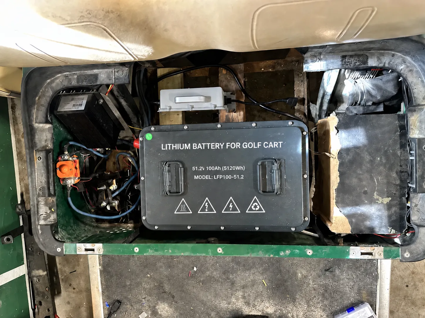 51.2V 100Ah LiFePO4 battery installed for a compatible Yamaha golf cart lithium conversion