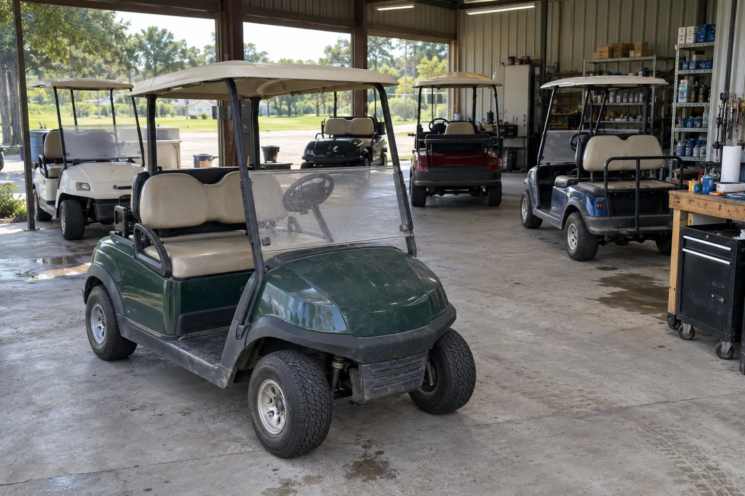 Unbranded Yamaha-type golf carts in a dealer service and commercial fleet maintenance area