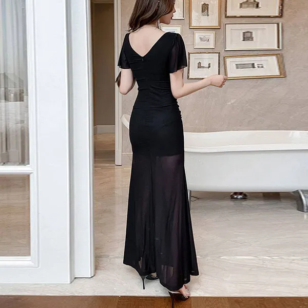 Embellished V-Neck Short Sleeves Slit Maxi Gown