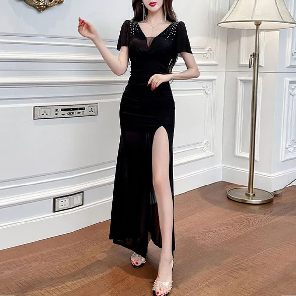 Embellished V-Neck Short Sleeves Slit Maxi Gown