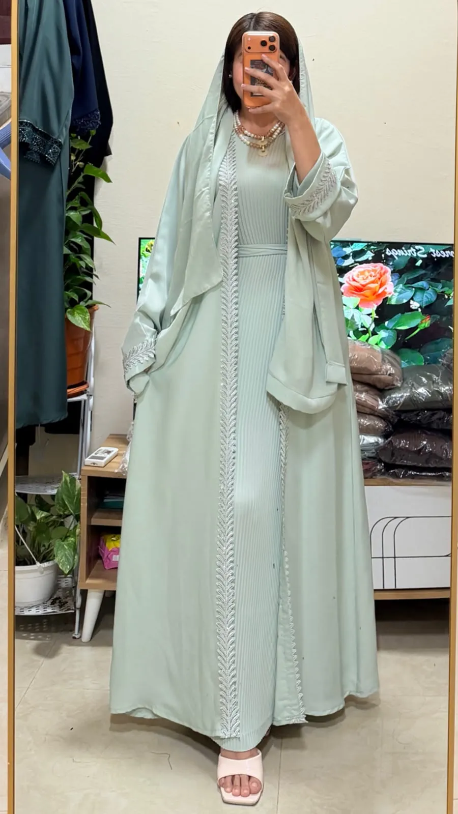 Mint Green Lace Detail 2-in-1 Neda Abaya with Matching Sheila