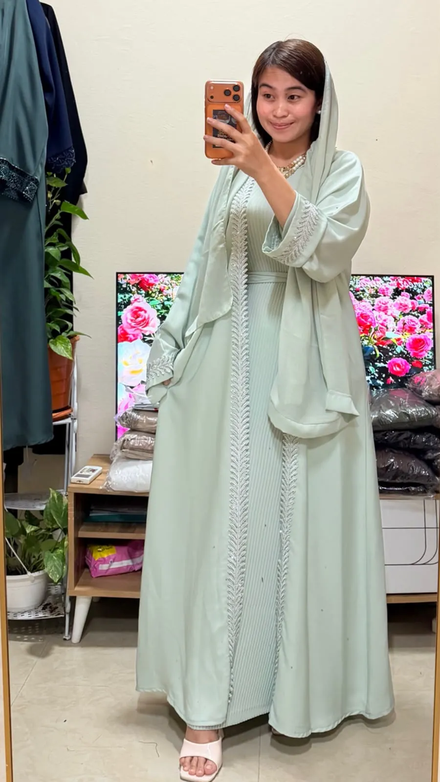 Mint Green Lace Detail 2-in-1 Neda Abaya with Matching Sheila