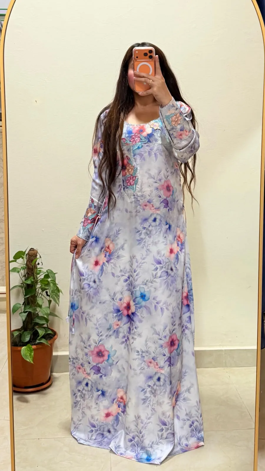 Designer Emirati Mukhawar Dress – Stitched Italian Hareer Fabric with Elegant Floral Detailing