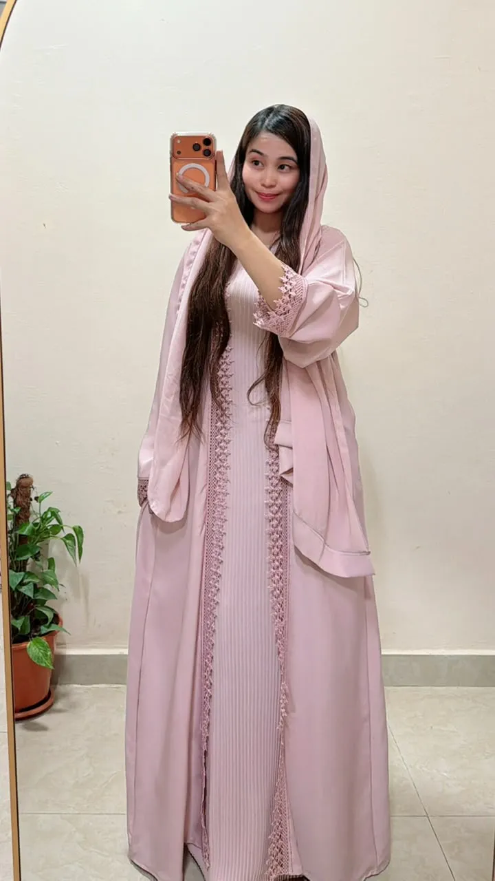 Blush Pink Lace Detail 2-in-1 Neda Abaya with Matching Sheila and Belt