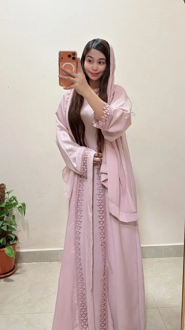 Blush Pink Lace Detail 2-in-1 Neda Abaya with Matching Sheila and Belt