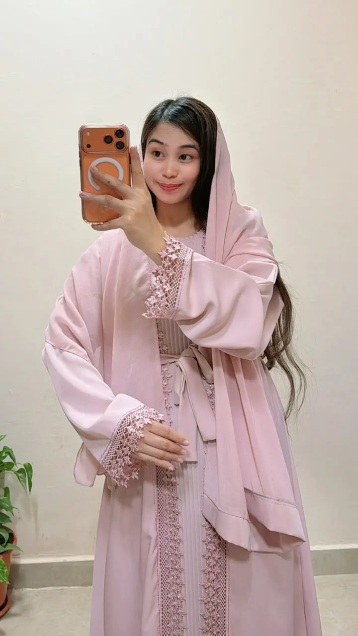Blush Pink Lace Detail 2-in-1 Neda Abaya with Matching Sheila and Belt