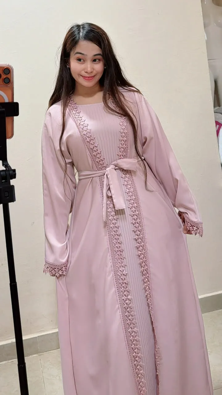 Blush Pink Lace Detail 2-in-1 Neda Abaya with Matching Sheila and Belt