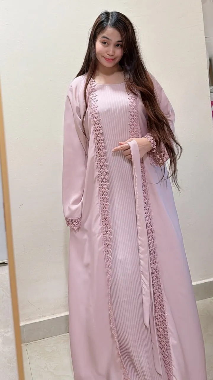 Blush Pink Lace Detail 2-in-1 Neda Abaya with Matching Sheila and Belt