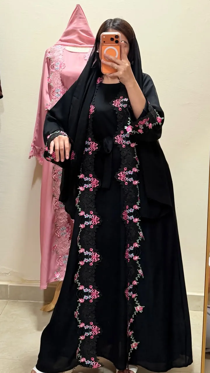 Black Floral Lace Detail 2-in-1 Neda Abaya with Matching Sheila