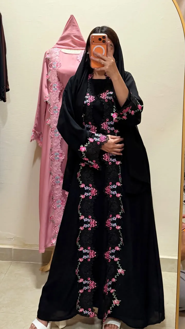 Black Floral Lace Detail 2-in-1 Neda Abaya with Matching Sheila