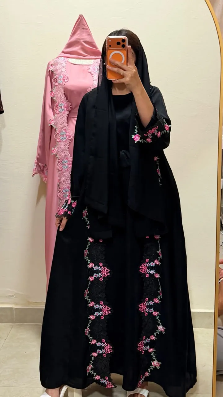 Black Floral Lace Detail 2-in-1 Neda Abaya with Matching Sheila