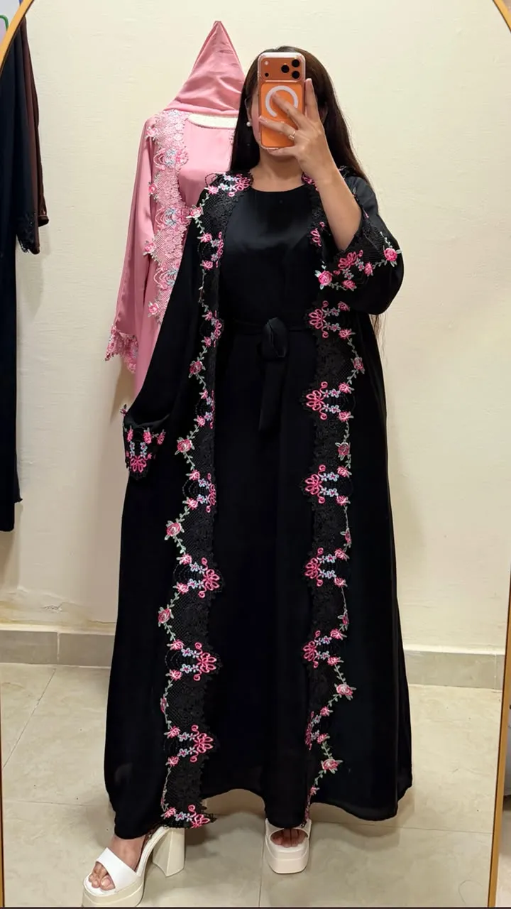 Black Floral Lace Detail 2-in-1 Neda Abaya with Matching Sheila