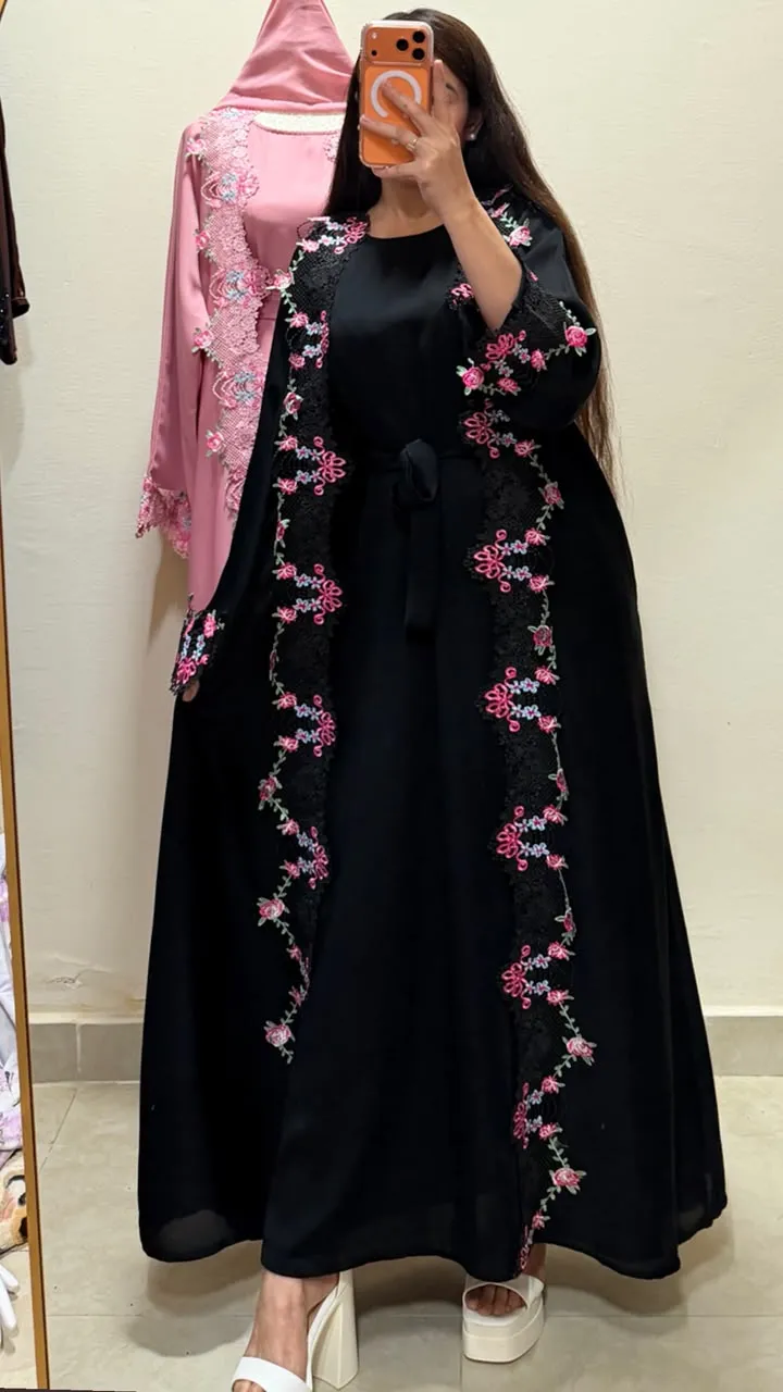 Black Floral Lace Detail 2-in-1 Neda Abaya with Matching Sheila