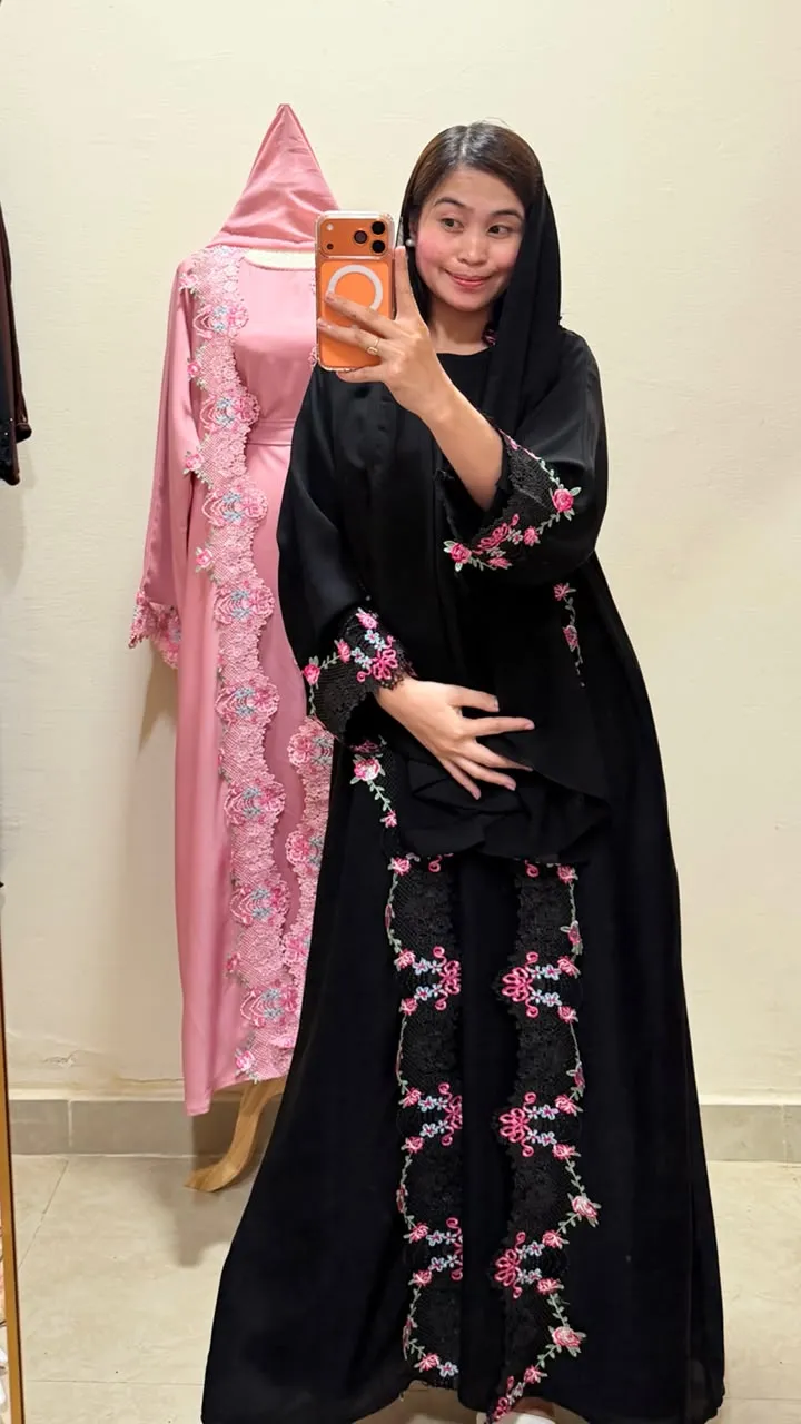 Black Floral Lace Detail 2-in-1 Neda Abaya with Matching Sheila