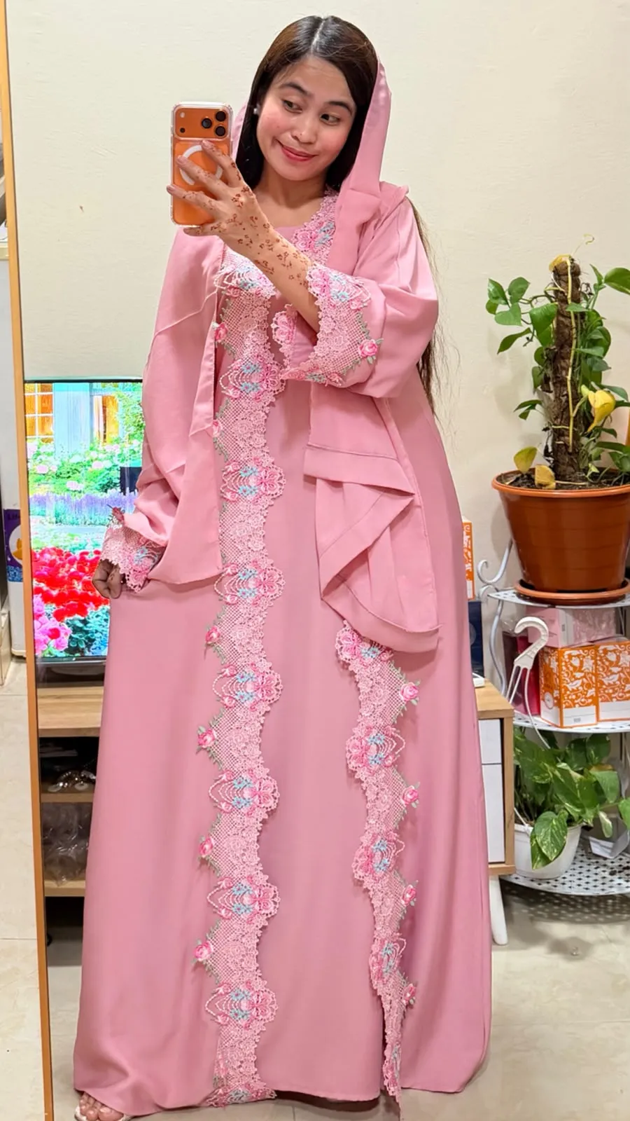 Beautiful Rose Pink Floral Lace Detail Abaya with Matching Sheila