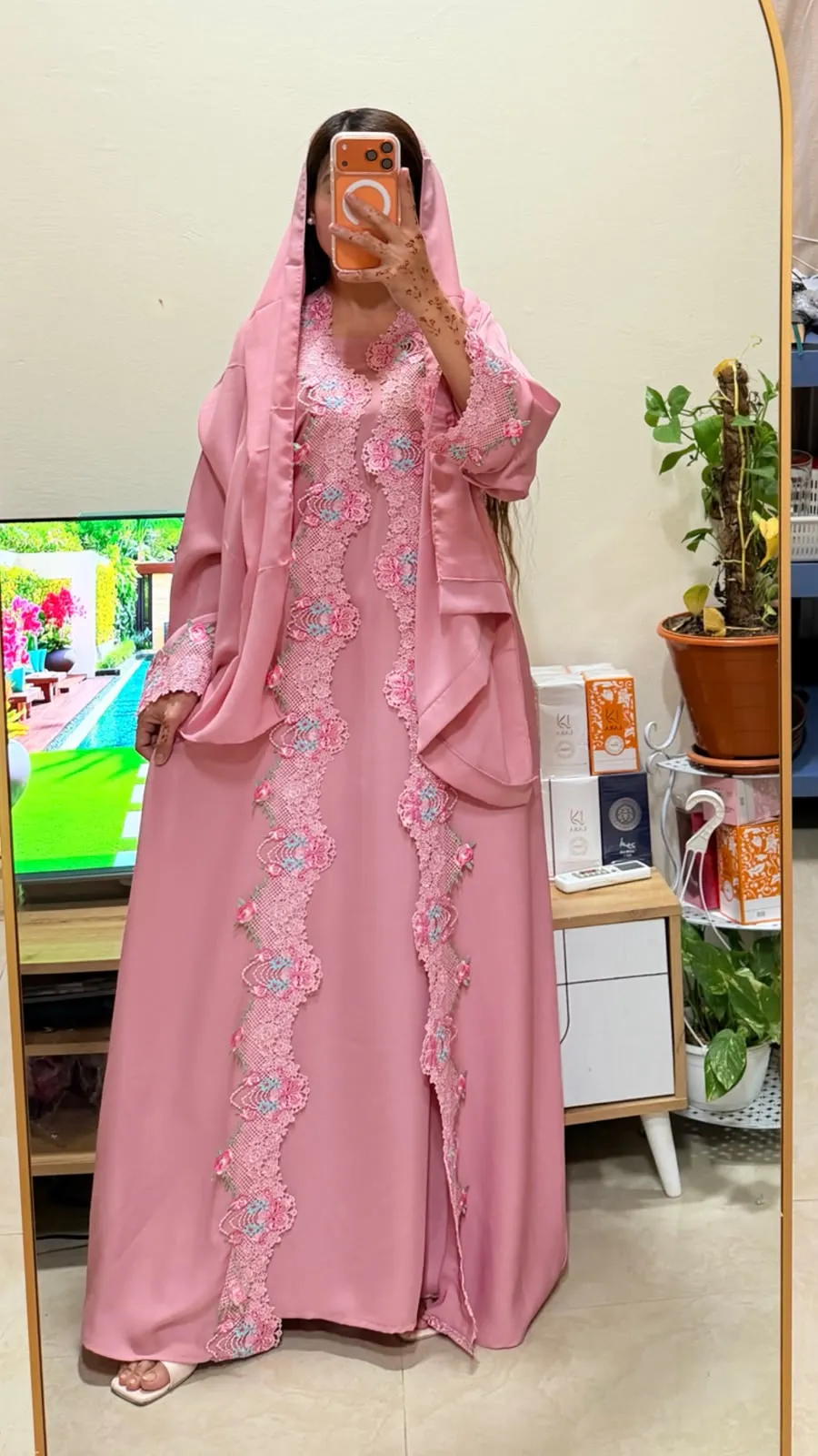 Beautiful Rose Pink Floral Lace Detail Abaya with Matching Sheila