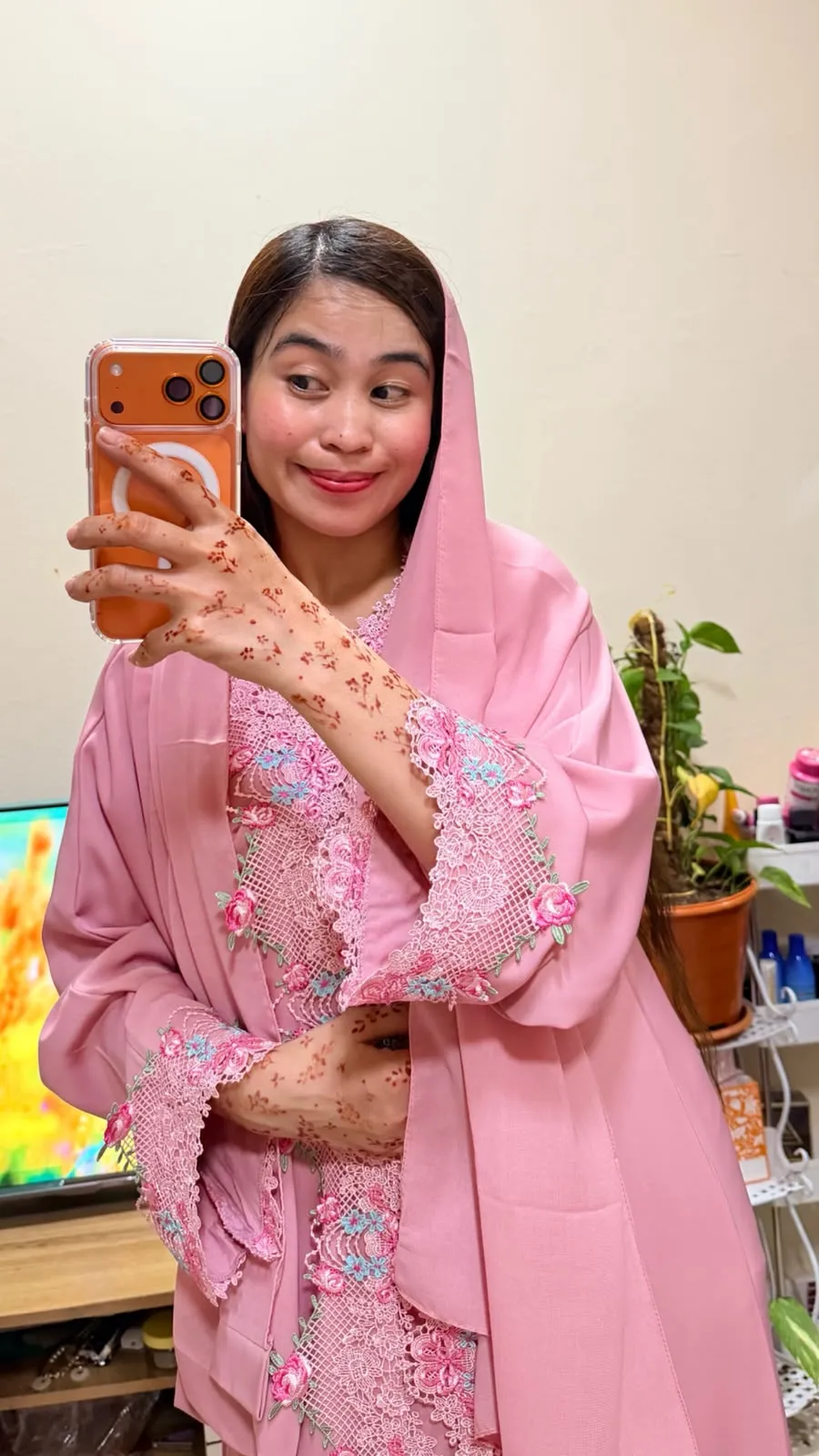 Beautiful Rose Pink Floral Lace Detail Abaya with Matching Sheila