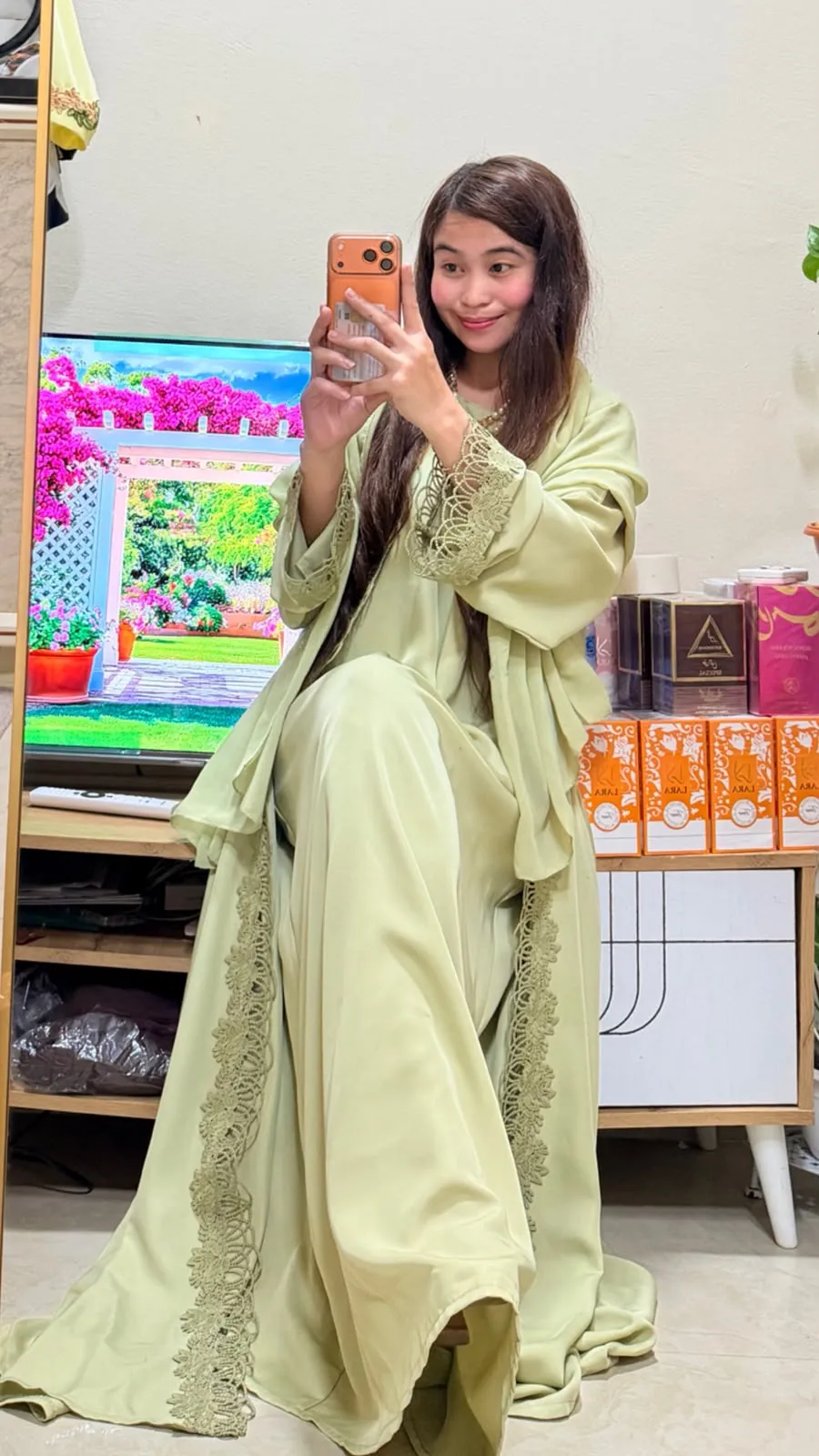 Pistachio Green Lace Detail 2-in-1 Neda Abaya with Matching Sheila
