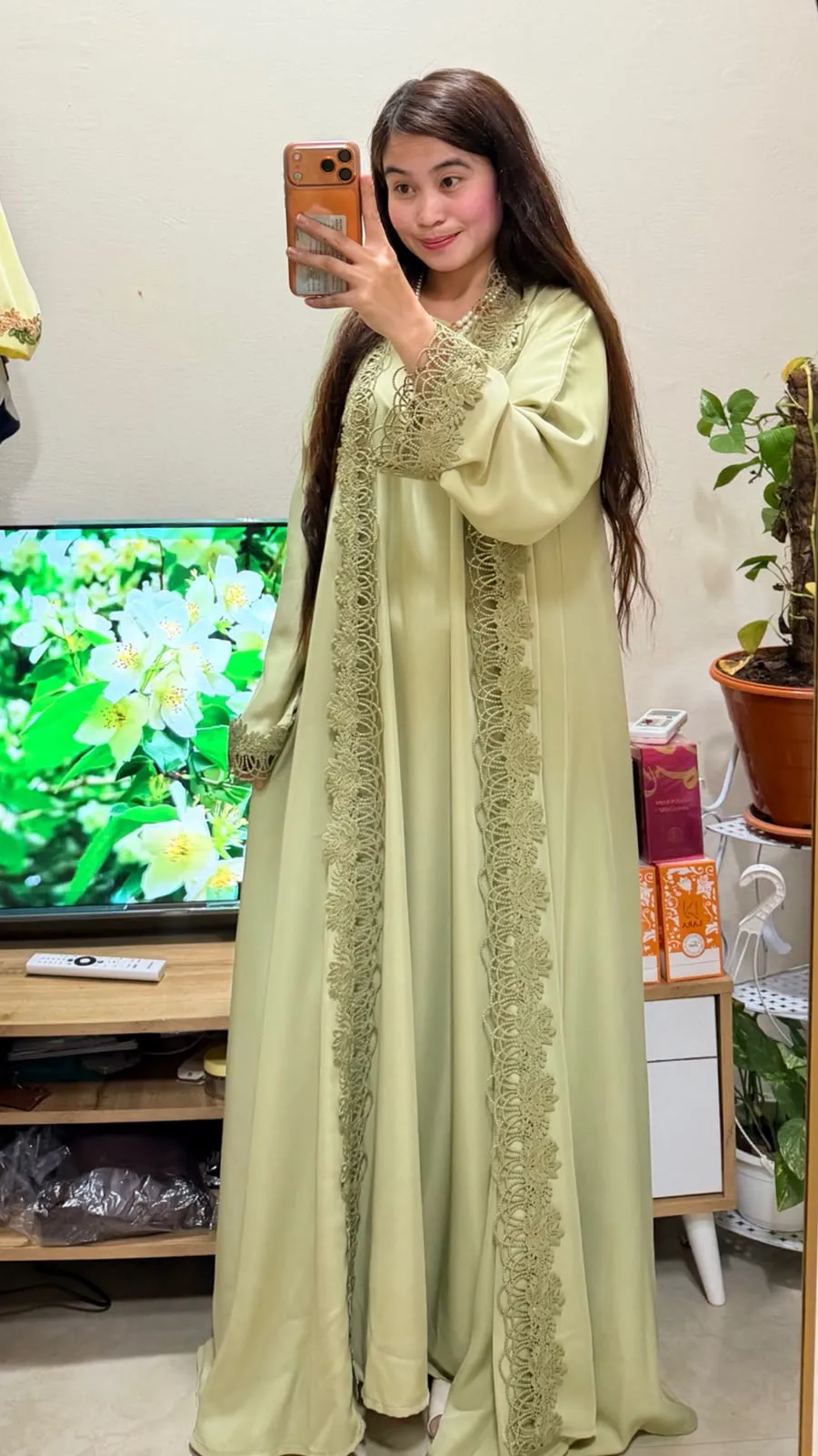 Pistachio Green Lace Detail 2-in-1 Neda Abaya with Matching Sheila