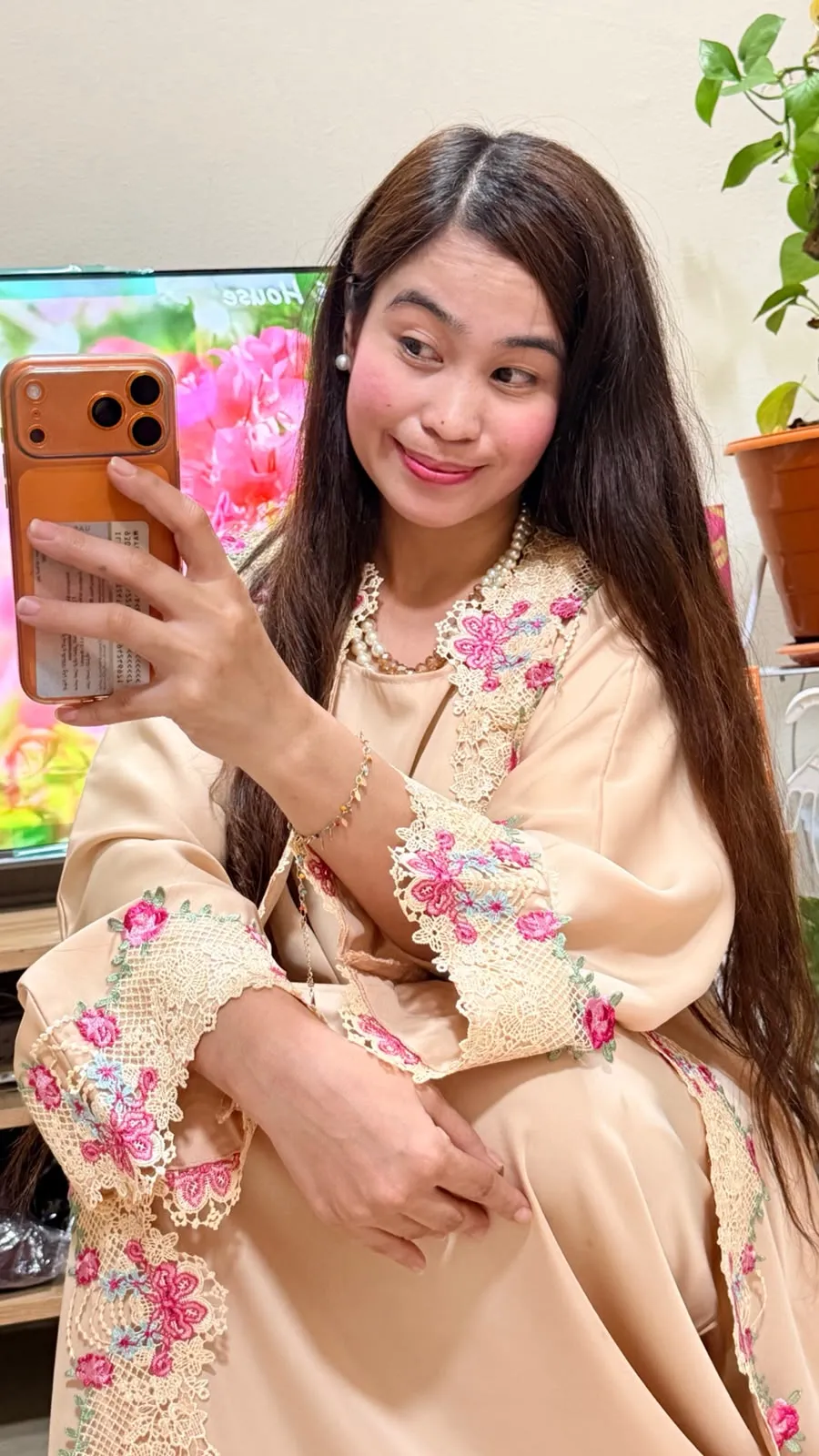 Beige Floral Lace Detail 2-in-1 Neda Abaya with Matching Sheila