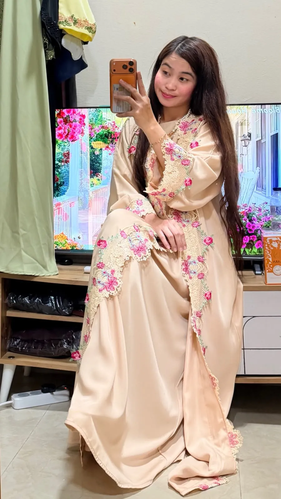 Beige Floral Lace Detail 2-in-1 Neda Abaya with Matching Sheila