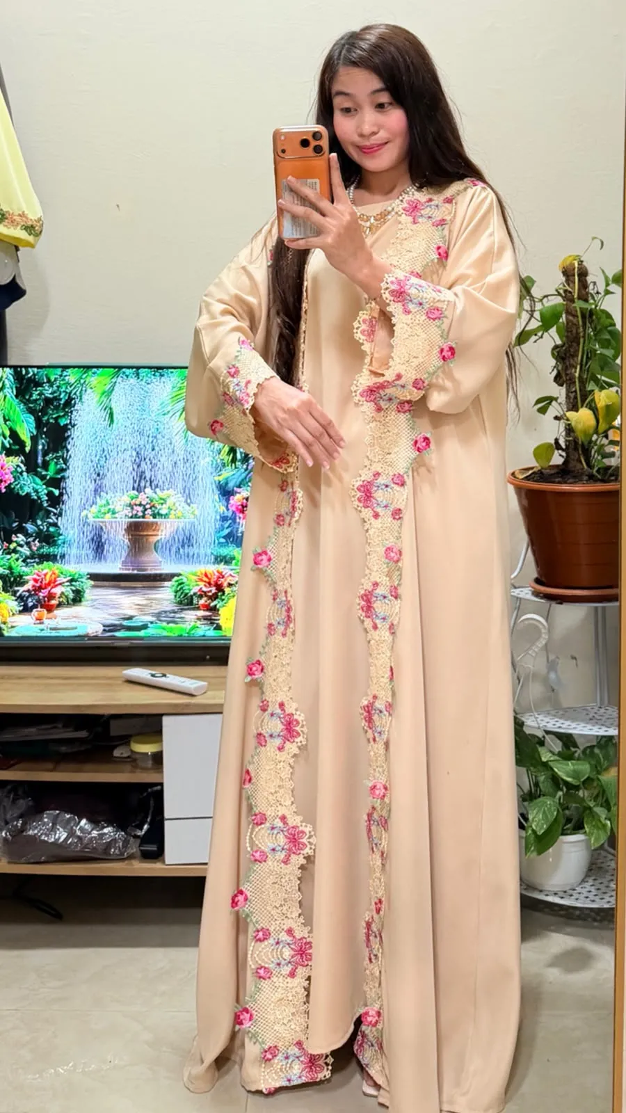 Beige Floral Lace Detail 2-in-1 Neda Abaya with Matching Sheila