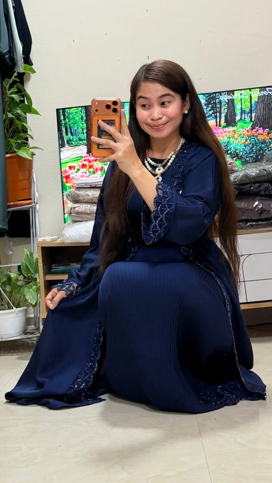 Navy Blue Lace Detail 2-in-1 Neda Abaya with Matching Sheila
