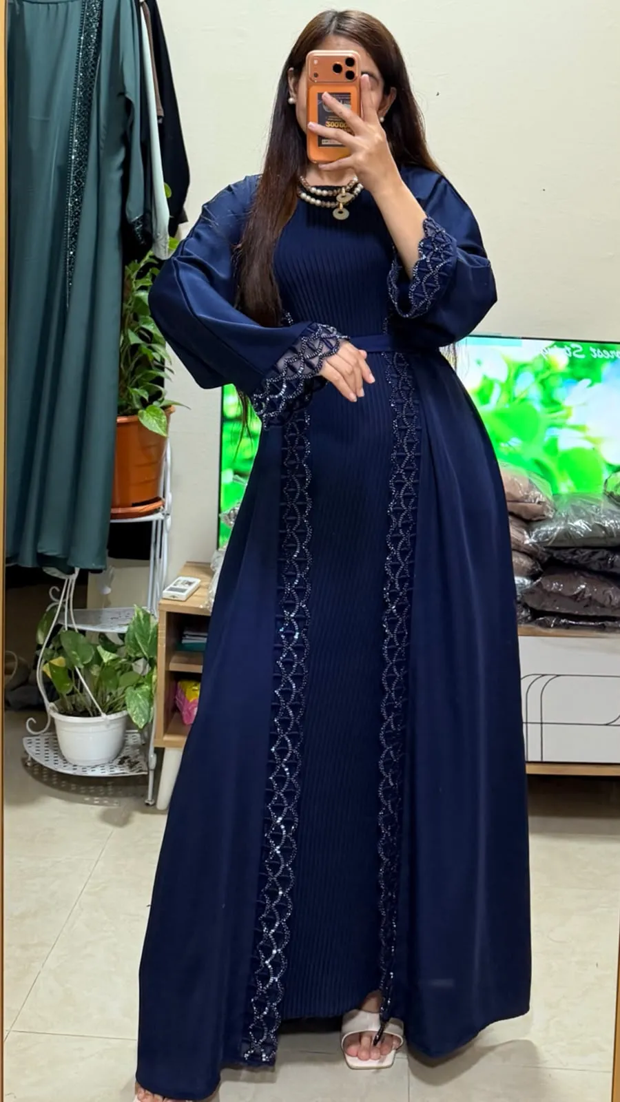 Navy Blue Lace Detail 2-in-1 Neda Abaya with Matching Sheila