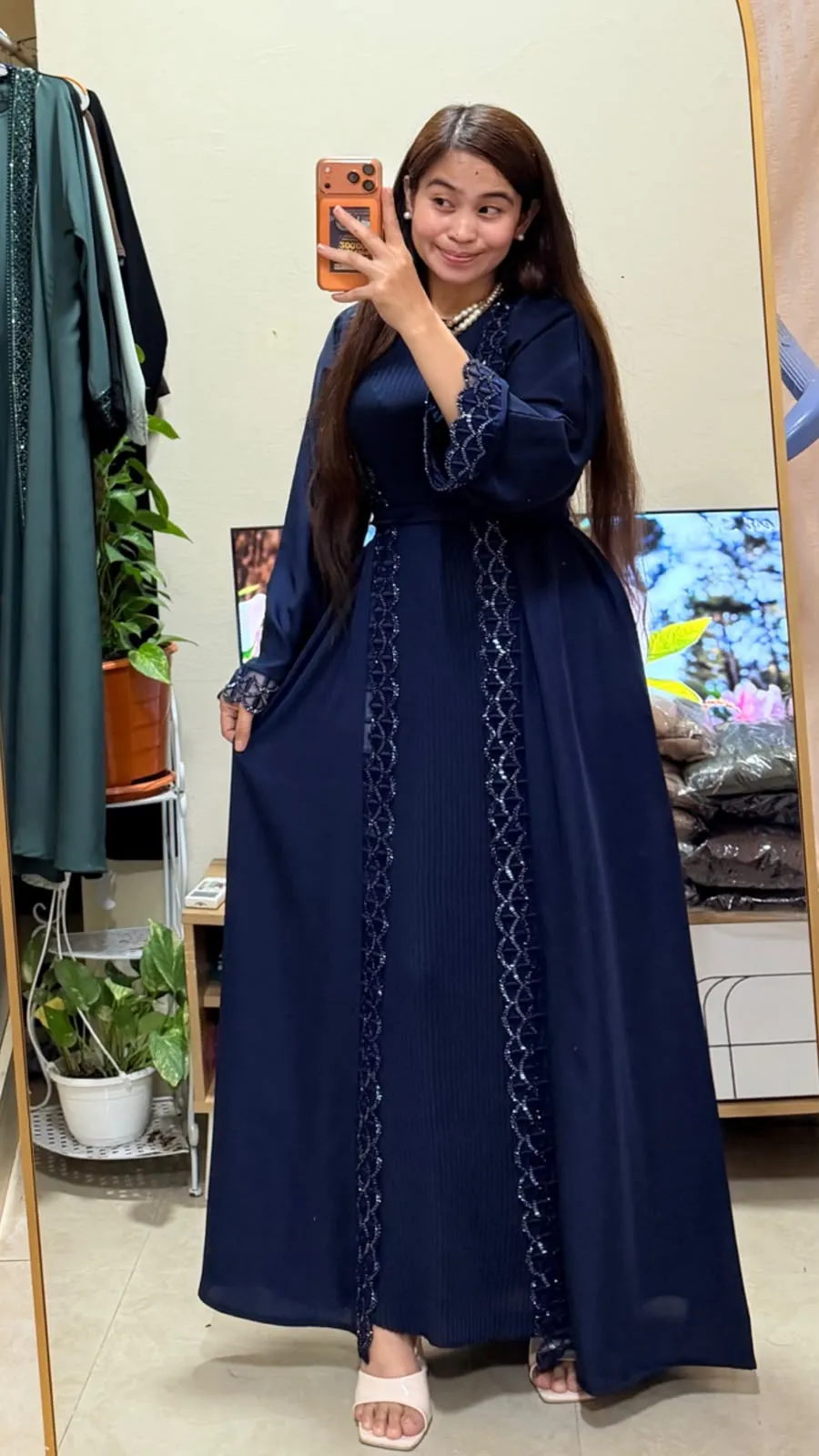Navy Blue Lace Detail 2-in-1 Neda Abaya with Matching Sheila